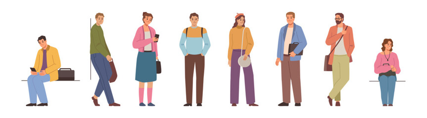 Men and women personages waiting, standing or sitting in line. Vector isolated characters looking at smartphone screens, looking aside. Fashionable male and female passengers, crowd of people - obrazy, fototapety, plakaty