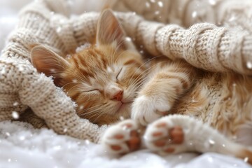 A cute kitten is sleeping wrapped in a warm knitted sweater in a winter park. 