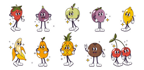 Retro cartoon personages fruits with expressions, legs and hands. Vector isolated set of pineapple and apple, lemon and strawberry, plum and date, coconut and cherries, banana with peel - obrazy, fototapety, plakaty