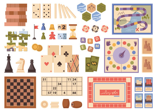 Leisure and fun activities, isolated board games for free time with friends and family. Vector field with steps, chips and flag, hourglass and abc letters, puzzles and fake money, chess and jenga