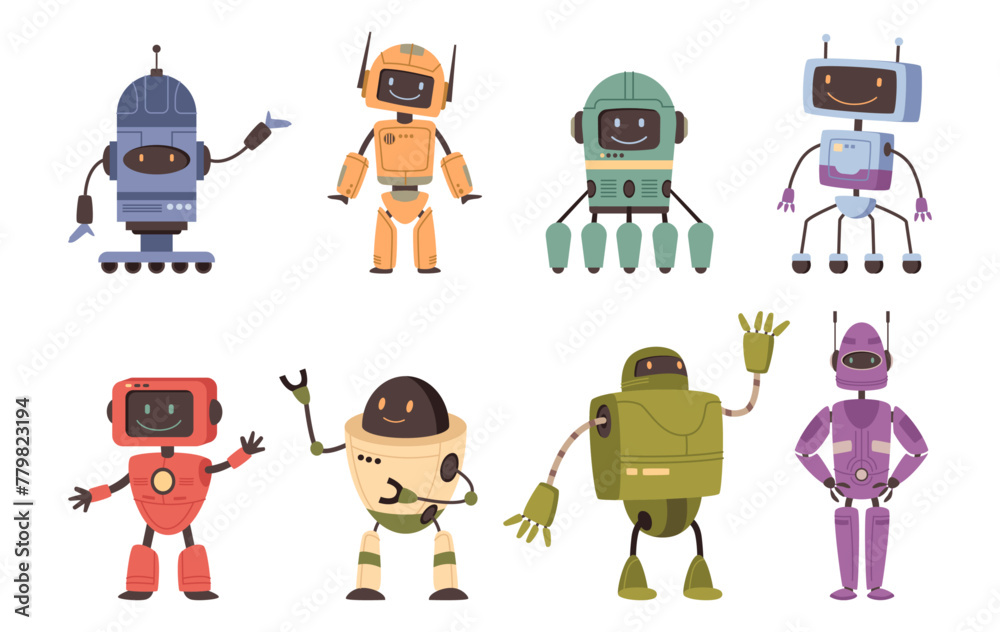 Poster Humanoid or android robot personage with smiling facial expression and waving hands. Vector isolated set of fiction characters for game, AI helpers and assistants, artificial intelligence help