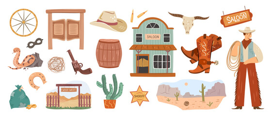 Wild west symbols, cartoon western set. Vector cowboy and tavern, saloon sign board and vintage rustic entrance, desert and cactus, barrel and wheelstone, bull skull and tumbleweed, revolver and mask