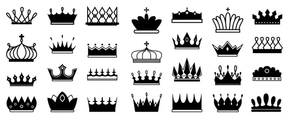 Royal crowns, isolated set of simple silhouettes for game design or logotype. Vector luxury and monarch power, vintage jewelry with cross and jewels, symbol of wealth and authority in country