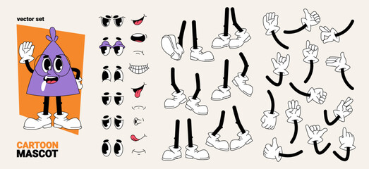 Retro or vintage cartoon mascot character constructor parts of body and facial elements. Vector set of legs and arms, eyes and mouths with expressions and gestures, mimics and motion effects