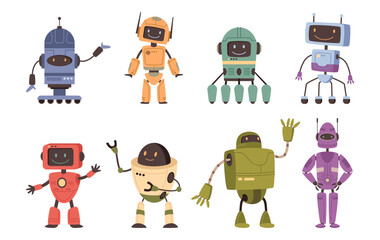 Humanoid or android robot personage with smiling facial expression and waving hands. Vector isolated set of fiction characters for game, AI helpers and assistants, artificial intelligence help