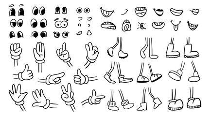 Drawn groovy character comic face parts, isolated personage design. Vector isolated legs in boots and arms in gloves, nose and eyes with eyelashes, mouth screaming and smiling and noses