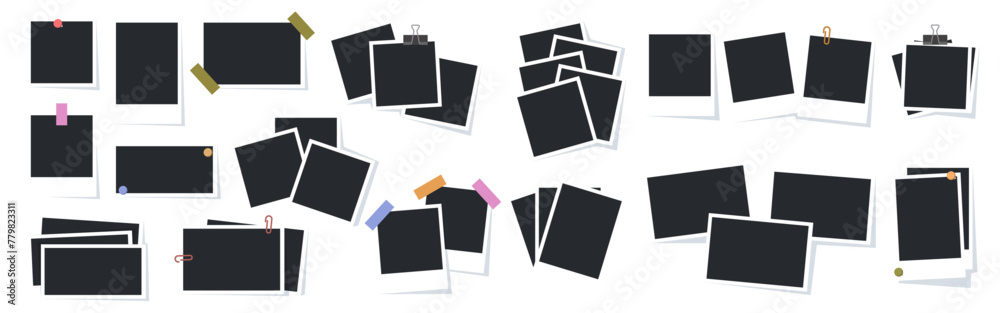 Aufkleber or instant photo empty frames with copy space and place for writing. Vector isolated set of piles of blank cards with sticky tape and clips. Memories and album display collection