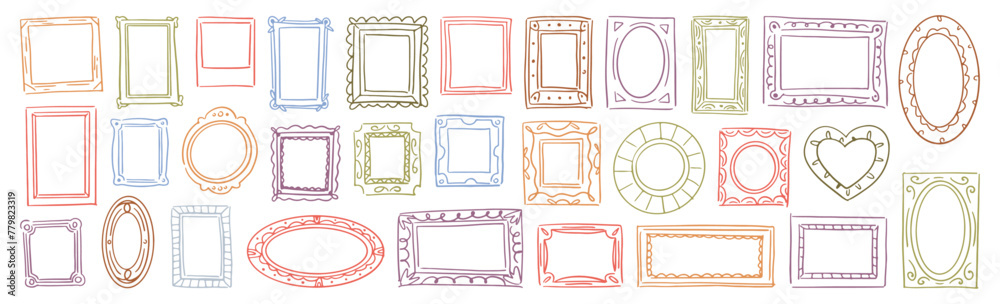 Poster Geometric shapes of doodle picture or photo frames. Vector isolated square and heart shaped, rectangle and circle borders with empty copy space. Set of artistic banners or social media highlights