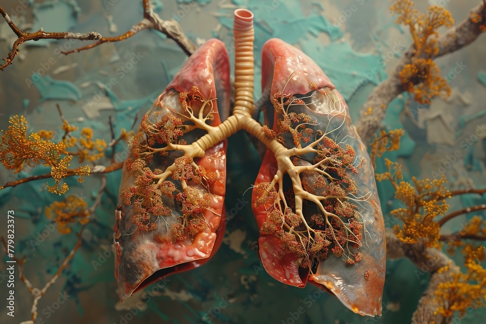 Wall mural Hyper-detailed visualization of a lung affected by embol