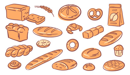 Loaves of bread, croissants and buns, isolated set of freshly baked food. Vector toast slice and pretzels, muffins and cupcakes, tasty sweet products, turkish simit and baguette assortment