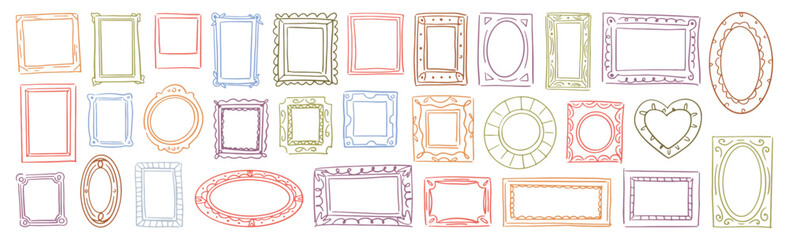 Geometric shapes of doodle picture or photo frames. Vector isolated square and heart shaped, rectangle and circle borders with empty copy space. Set of artistic banners or social media highlights