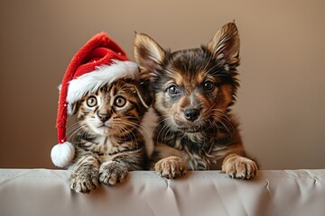 A kitten and a puppy wearing a red hat are watching behind a blank white banner. 