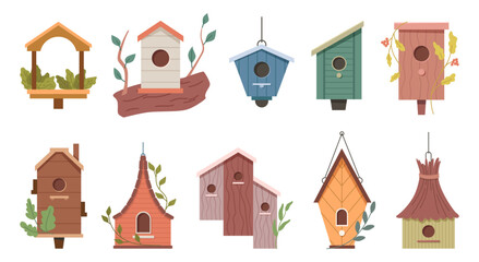 Birdhouses or nests, feeders for birds crafted by hands from wood. Vector isolated set of homes for avian animals, tree with leaves and foliage, construction with rounded and arched holes