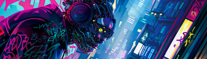 AI DJ in neon futuristic city