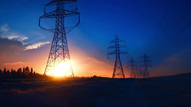 Electricity transmission towers with orange glowing wires the starry night sky. Energy infrastructure concept, energy, electricity, voltage, supply