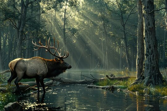 a large elk in a foggy forest wanders along a river in the rays of sun, banner, poster 