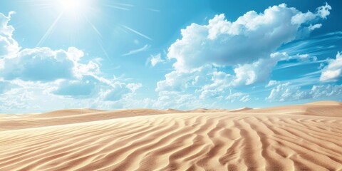 A desert landscape with a bright blue sky and clouds. The sky is filled with sun rays, creating a warm and inviting atmosphere. The sand dunes are scattered throughout the scene