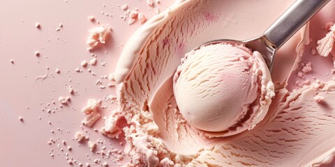 A scoop of ice cream is on a pink surface. The ice cream is melting and has a lot of powdery white flakes on it