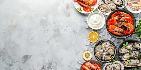 A white background with a variety of seafood including shrimp, oysters, and scallops. A bowl of mayonnaise is also present