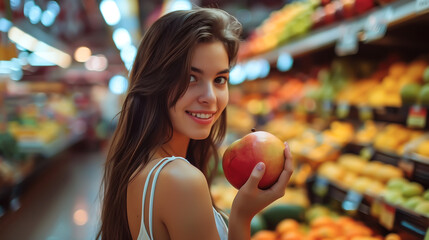 Fototapeta na wymiar A young woman explores a vibrant fruit market, picking up fresh produce with enthusiasm. The joy of shopping for healthy food. Generative AI.