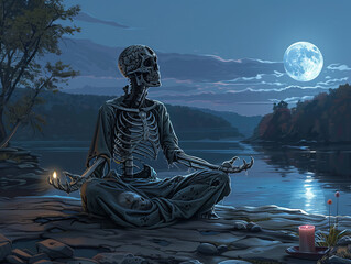 A skeleton is sitting and meditating