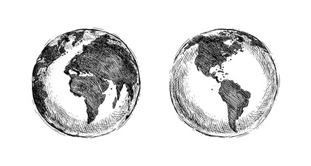 Obraz premium Globe sketch. Hand drawn earth planet with continents and oceans. Doodle world map illustration. Planet and world sketch map with ocean and land.
