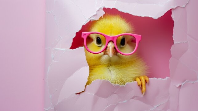 A yellow chick wearing pink glasses peeks out of a hole