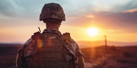 A soldier stands in the desert at sunset. The sun is setting in the background, casting a warm glow over the landscape. The soldier's uniform is camouflaged, blending in with the natural surroundings - obrazy, fototapety, plakaty