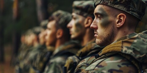 A group of soldiers stand in a line, all wearing camouflage uniforms. The soldiers are all looking at the camera, and their faces are covered in green paint. Scene is serious and focused
