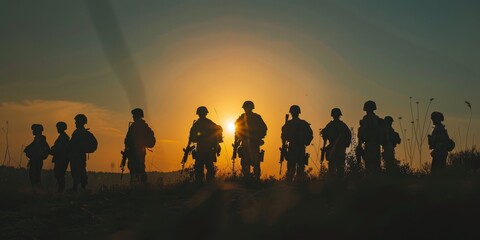 Fototapeta na wymiar A group of soldiers stand in a field at sunset. The sun is setting behind them, casting long shadows. The soldiers are all wearing camouflage uniforms and appear to be in formation