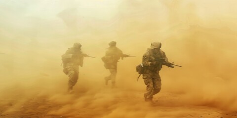 Three soldiers are running through a sandy desert. The soldiers are wearing camouflage and carrying weapons. The scene is intense and action-packed