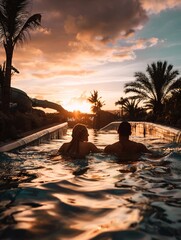 Romantic shot of a couple in a water park at sunset, serene and picturesque, ideal for a travel romance feature.