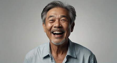 young asian elderly man on plain bright white background laughing hysterically looking at camera background banner template ad marketing concept from Generative AI