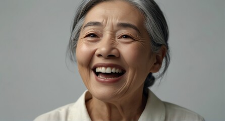 young asian elderly woman on plain bright white background laughing hysterically looking at camera background banner template ad marketing concept from Generative AI