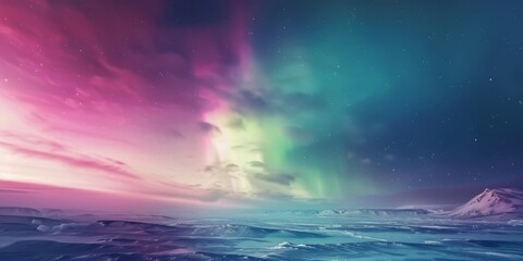 A beautiful and colorful sky with a purple and blue aurora. The sky is filled with stars and the aurora is glowing brightly - obrazy, fototapety, plakaty