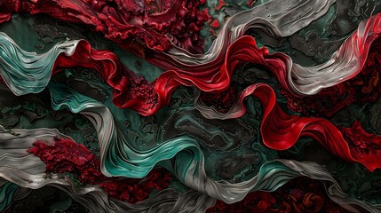 Ruby red tendrils embracing a captivating tapestry of emerald green and slate gray. - obrazy, fototapety, plakaty
