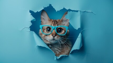 A cat wearing glasses peeks out of a hole