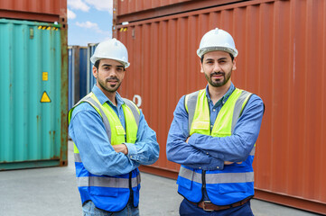 two Engineers or foreman container cargo wearing white hardhat and safety vests checking stock into container for loading from Cargo freight ship for import export. industry worker of logistic concept