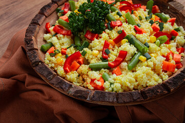 couscous with vegetables, paprika, carrots, string beans, corn, homemade, top view, no people,