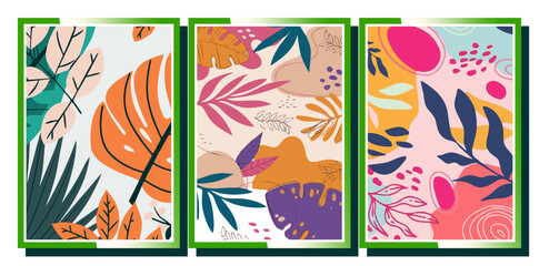 Fototapeta na wymiar Premium Vector | A collection of hand-drawn tropical leaves, with various abstract backgrounds, vector illustrations