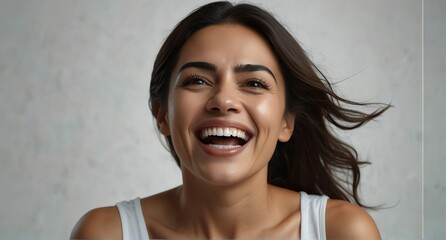 young hispanic middle aged woman on plain bright white background laughing hysterically looking at camera background banner template ad marketing concept from Generative AI