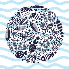Seaweed and fish. Decorative greeting card. Cute illustration. - 779825740