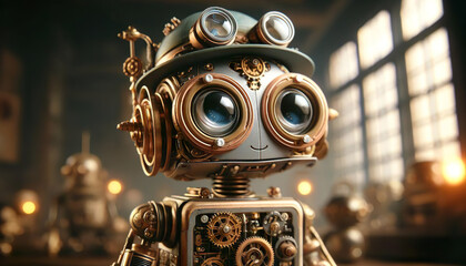 A charming steampunk-style robot stands to attention, a whimsical work of digital artistry - 779825944