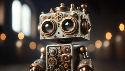 A charming steampunk-style robot stands to attention, a whimsical work of digital artistry - 779825997