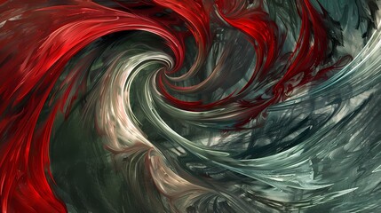 Ruby red tendrils embracing a captivating tapestry of emerald green and slate gray. - obrazy, fototapety, plakaty