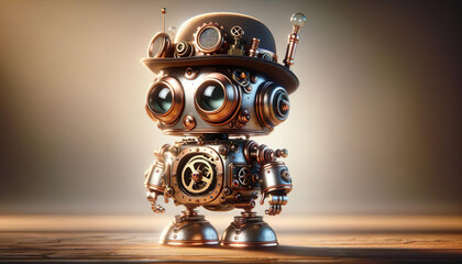 A charming steampunk-style robot stands to attention, a whimsical work of digital artistry - 779826113