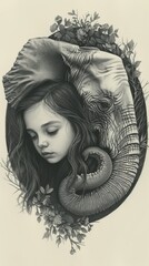 A drawing of a girl and an elephant