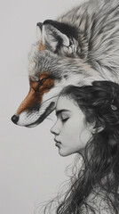 Fototapeta premium A drawing of a woman and a fox