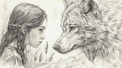 A drawing of a girl and a wolf