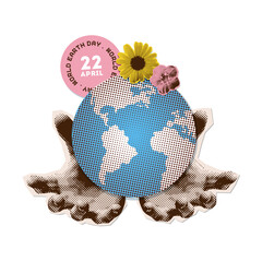 22 April - World Earth day banner concept. Two hands holding small planet with flowers in halftone collage style. Torn out paper stickers. Vector nostalgic illustration.